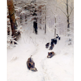 РЕПРОДУКЦИИ НА КАРТИНИ Стадо диви свине в зимна гора (1872)